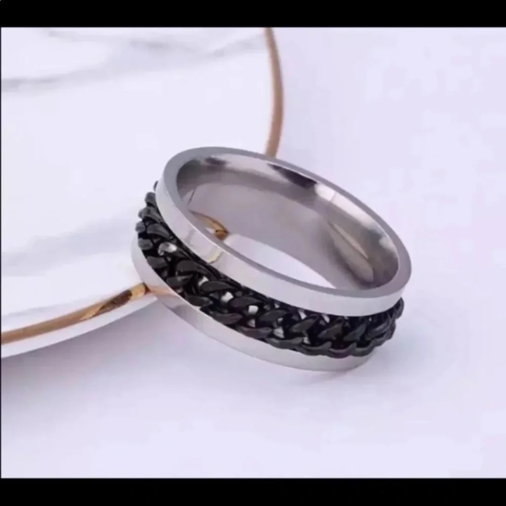 NEW Men’s Black Chain Spinner Ring Silver Stainless Steel Jewelry 8mm Wide
